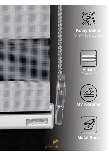 Br Demor Home Geniş Pliseli Açık Gri Zebra Stor Güneşlik Perde Metal Kasa Açık Gri