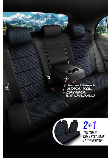 Lacivert - Siyah Panda Dragon Serisi Dokuma Kumaş Oto Koltuk Kılıfı - Tam Set