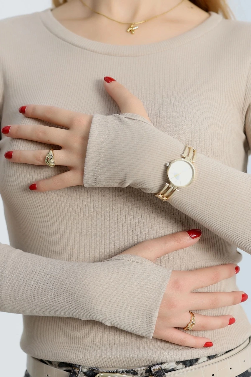 Biçomi Bisiklet Yaka Parmak Geçmeli Kaşkorse Bluz Bej A3829 Bej