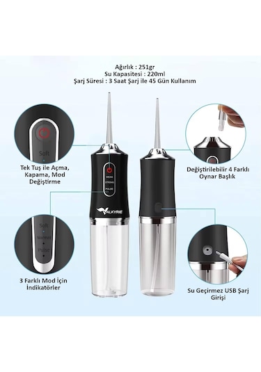 Valkyrie Şarj Edilebilir 4 Başlıklı Taşınabilir Diş Protez Bakım Ve Ağız Duşu Yüksek Kapasite Siyah