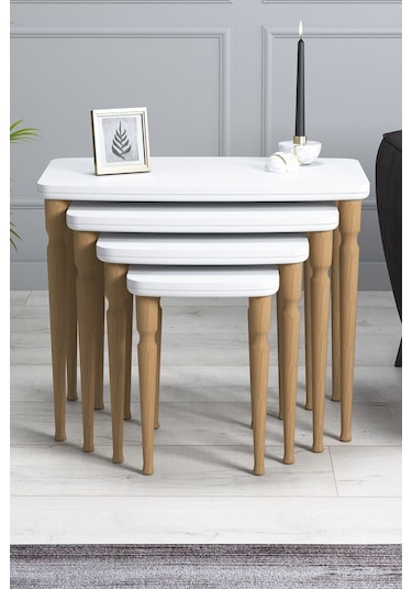 Imaj Mdf Ve Lake Boya, Beyaz 4lü Zigon Sehpa Takımı, Beyaz Gürgen Ayaklar Sehpalar Beyaz Ayaklar Açıkceviz