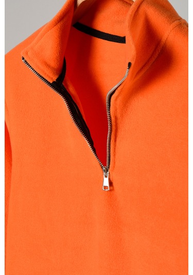 Turuncu Yarım Fermuarlı Regular Kalıp Dik Yaka Polar Sweatshirt Turuncu