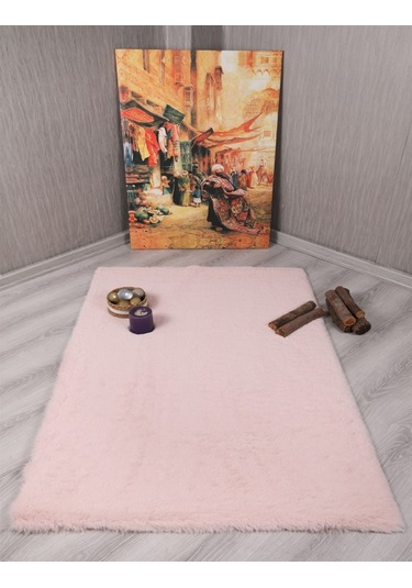 Dekoratif Tavşan Tüyü Ultra Yumuşak Peluş Kaymaz Halı Yolluk Pembe