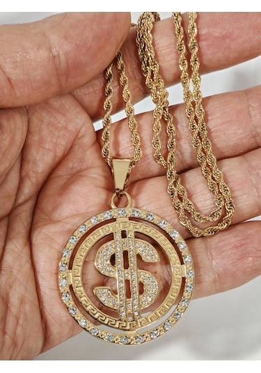 Dolar Figürlü Taşlı Gold Kolye - İddialı Ve Gösterişli Tasarım Beyaz