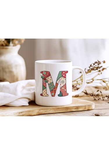 N Harfi Yılbaşı Temalı Kupa Bardak - Yeni Yıl Konsept Yamalı Efekt Tasarım - Noel Hediye Beyaz