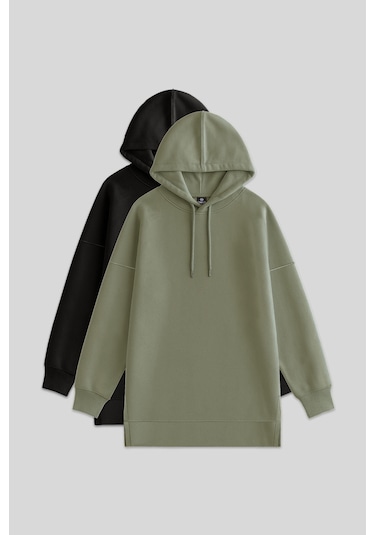 Oversize Kapüşonlu 2li Paket Siyah-çağla Kadın Tunik Sweatshirt - 97242 Siyah - Yeşil