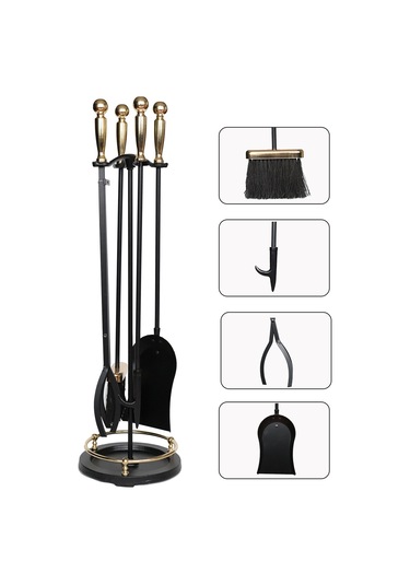 5 Li Premium İthal Döküm Gold Başlıklı Yuvarlak Şömine - Soba Maşa Takımı Aksesuar Seti