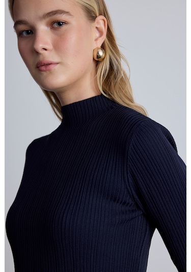 Yüksek Yaka Triko Bluz Lacivert Lacivert