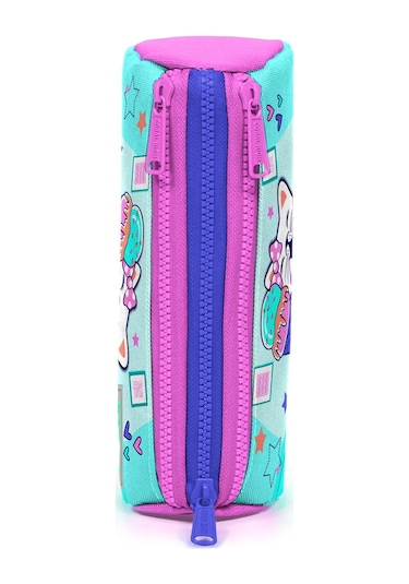 Coral High Kids Turkuaz Pembe Dondurmalı Kedi Desenli Üç Bölmeli Kalem Çantası 22051