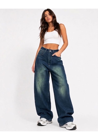 St.poll Eskitme Vintage Yeşil Yıkama Unisex Baggy Jeans Pantolon Yeşil Yıkamalı