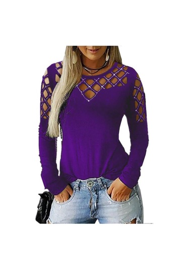 Gmxıa Kadın Modası Rahat Yazlık Hollow Iron Matkap Düz Renk Baskı Uzun Kollu O-yaka Bol Bluzlar Ve Gömlekler Mor