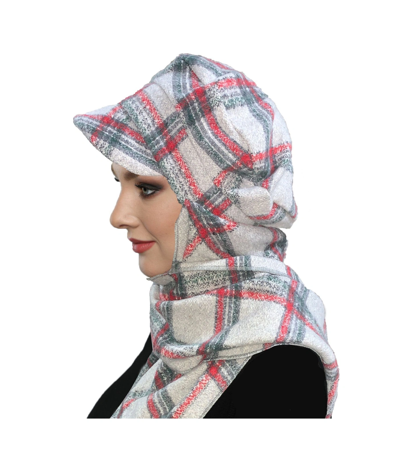 Yün Kasket Şapka Atkılı Ekose Desenli Gri-bordo-füme Hazır Türban Tesettür Bone Bere Gri-bordo-füme