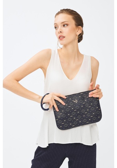 Deri Company Kadın Basic Clutch Çanta Monogram Desenli Lacivert 214002 Bej - Lacivert