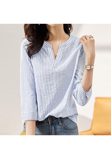 Zanzea Yaz Günlük V Yaka 3/4 Kollu Kadın Çizgili Bluz Koyu Mavi