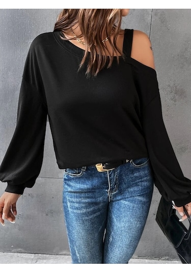 Kadın Uzun Kollu Tek Omuz Askı Detay Salaş Viskon Iki Iplik Bluz Bediva 001