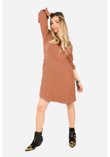 Keten Midi Elbise Kahverengi