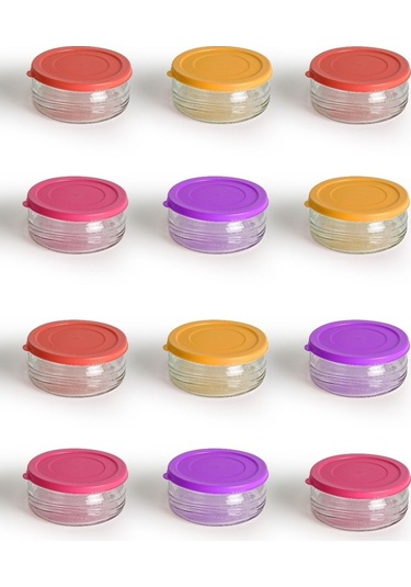 12'li Premium Kahvaltılık Seti 410 Cc Renkli Plastik Kapaklı Cam Saklama Kabı, Hava Geçirmez Çok Renkli