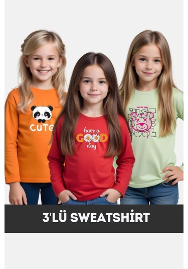 Fyk Kids Kız Çocuk Bisiklet Yaka 3'lü Basic Sweatshirt Çok Renkli