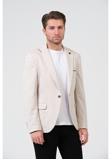Bonesti Erkek Slim Fit Blazer Ceket Krem Kahve Benekli