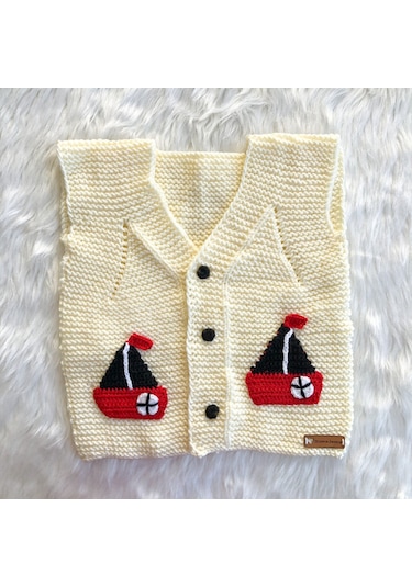Yelkenli Örgü Çocuk Yeleği 1-2 Yaş Krem