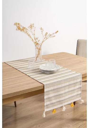 Rivaistanbul Ruffle Püsküllü Pamuklu Ham Keten Runner 50x130 Cm Açık Krem