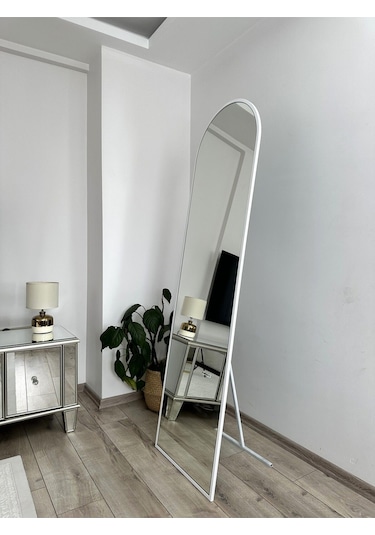 Effe Beyaz Metal Çerçeveli Ayaklı Oval Boy Aynası 180x60 Cm