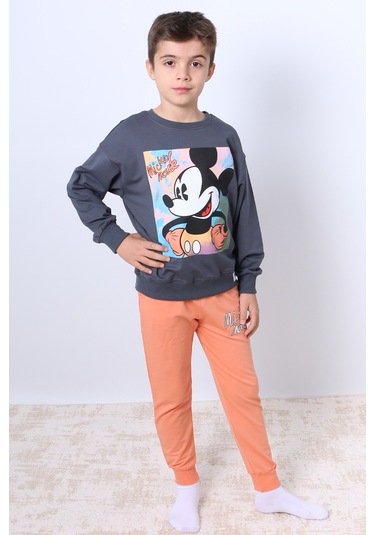 Erkek Çocuk Eşofman Takımı Mickey Mouse Baskılı Ribanalı F4 Turuncu