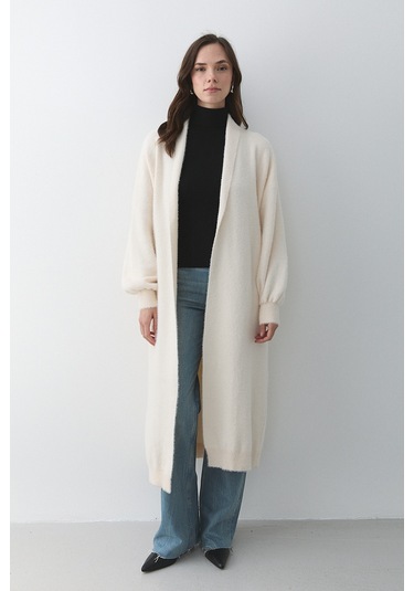 Krem Boydan Uzun Triko Hırka - 251015 Krem