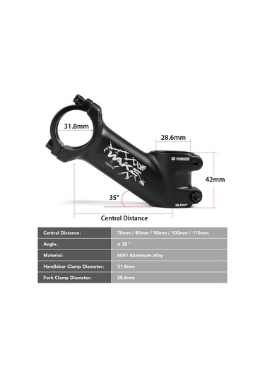 Folinda 6061 Alüminyum Bisiklet Gövdesi 31.8mm, 35 Derece, 70-110mm Seçenekli, 28.6mm Klem Çapı, 132-161g Ağırlık Çok Renkli