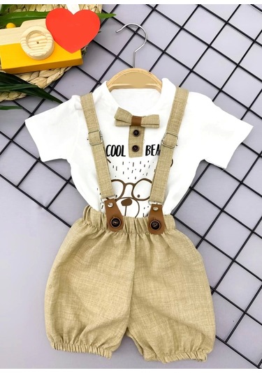 9-12-18-24 Ay Papyon Detaylı Keten Şort Salopet Tişörtlü 2li Erkek Bebek Takımı Bej