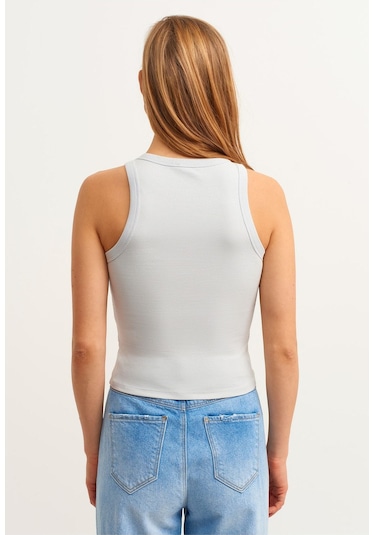 Mea Capio Kadın Açık Gri Fitilli T-shirt Halter Yaka Örme Atlet Açık Gri