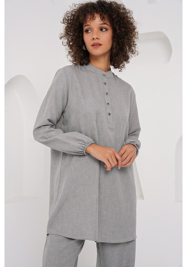 Bigdart 6678 Keten Tunik Pantolon İkili Takım - Gri