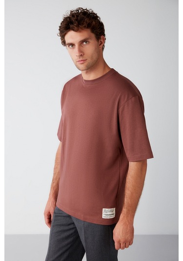Joel Erkek %100 Organik Pamuklu Kalın Kumaşlı Özel Dokulu Etiket Detaylı Oversize Bordo T-shirt