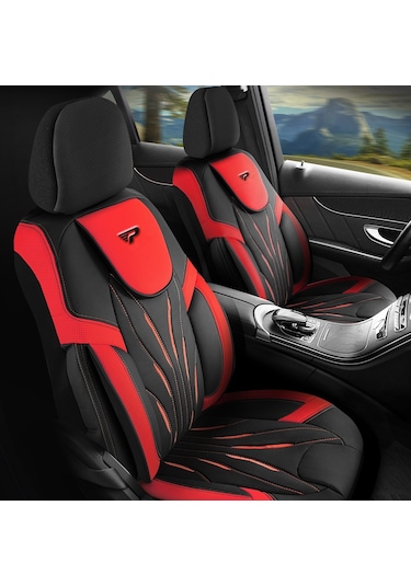Panda Pars Serisi Deri Oto Koltuk Kılıfı - Kırmızı - Siyah