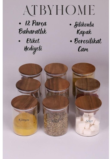 Akasya Kapaklı Borosilikat Cam Baharatlık Saklama Kavanozu 200 ML 9'lu + Etiket Ahşap - Şeffaf