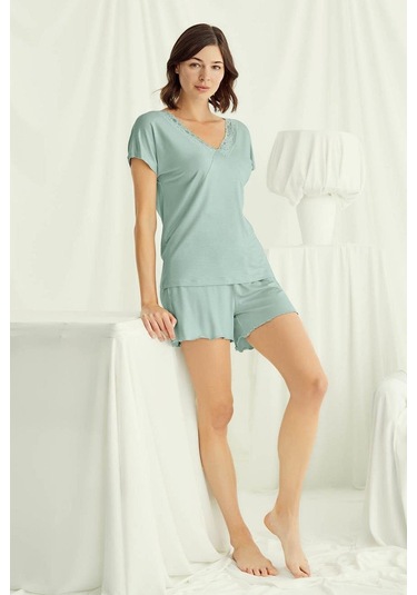 Monamise 18515 Kadın V Yaka Kısa Kollu Şortlu Pijama Takımı-açıkyeşil Açık Yeşil