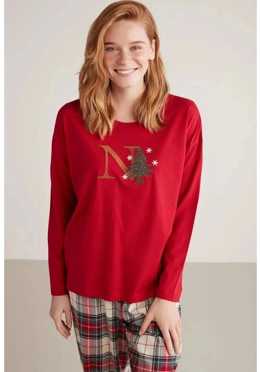 Nautıca W606 Kadın Uzun Kollu Ekoseli Pijama Takımı Kırmızı
