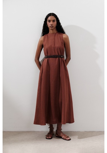 Keten Büzgülü Geniş Elbise Bakır Bakır