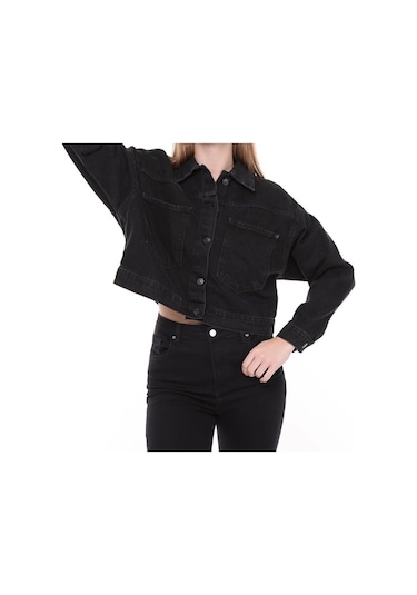 7007-dgml Kadın Düğmeli Jeans Denim Kot Ceket Siyah