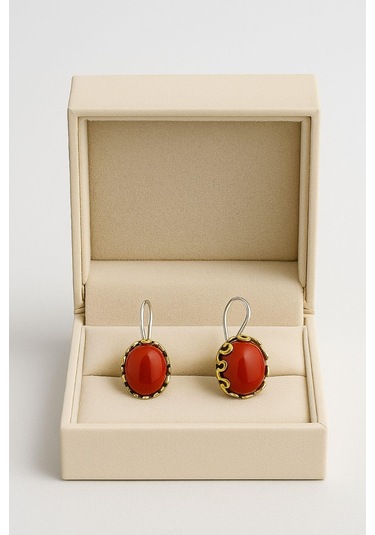 Lale Serisi El İşi Kırmızı Akik Taşlı Gümüş Kadın Küpe Gümüş