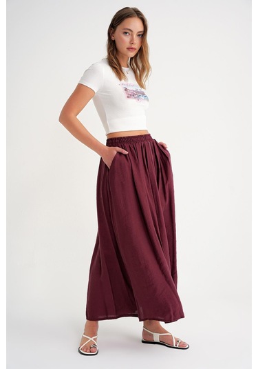 4612 Kadın Yandan Cepli Pileli Bol Etek Bordo Bordo