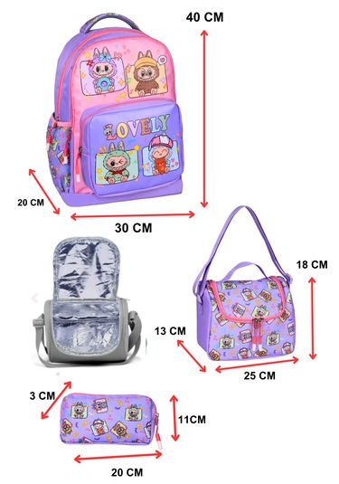 3 Lü İlkokul Labubu Baskılı Lila, Kız Çocuk Beslenmeli Ve Kalemli