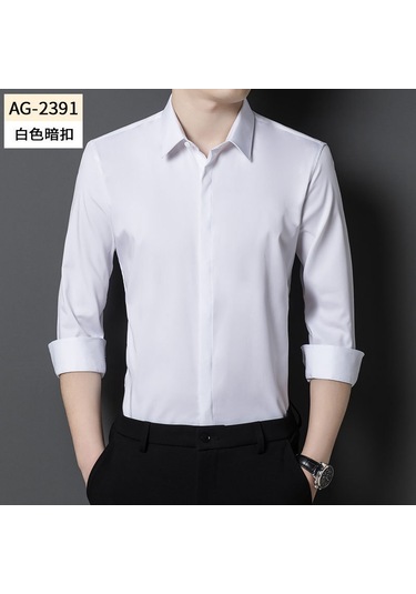 Erkekler İçin Gizli Düğmeli, Uzun Kollu, Tek Renkli, Esnek İş Kıyafeti Gömlek Beyaz