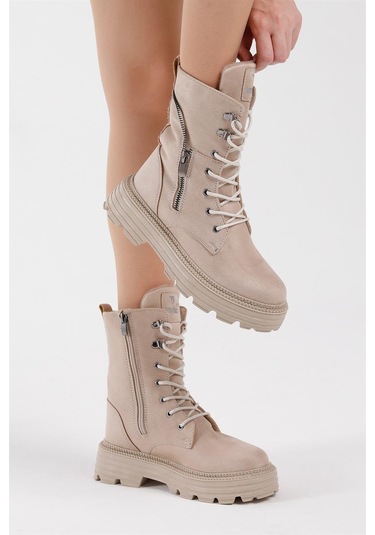 Poli Taban Fermuar Detaylı Rahat Kalıp Bağcıklı Kadın Krem Süet Bot Tber200 Krem Süet
