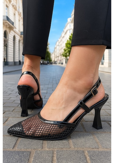 Günlük Kadın Fileli Arkası Açık Ayarlanabilir Tokalı İnce Topuklu Abiye Ayakkbı 923 Siyah-Rugan