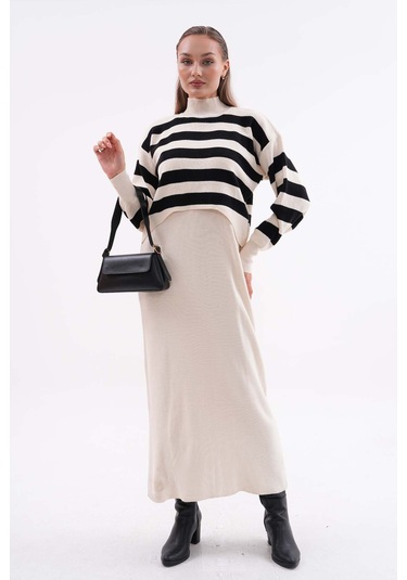 Kadın Triko Askılı Elbise Kazak İkili Takım Krem