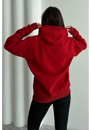 Kadın Kırmızı Charlie Luciano Baskılı Oversize Kapüşonlu Sweatshirt Kırmızı