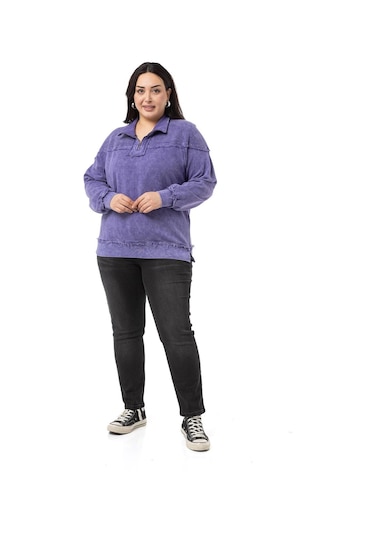 Büyük Beden Pis Dikişli Fermuarlı Yırtmaçlı Parça Boyalı Mor Sweatshirt-mor Mor