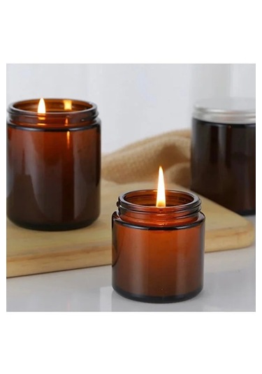 Rotanev 3 Adet 210 ml Cam Kavanoz Amber Mumluk 210 Cc Metal Siyah Kapaklı Mum Kavanozu Kahverengi