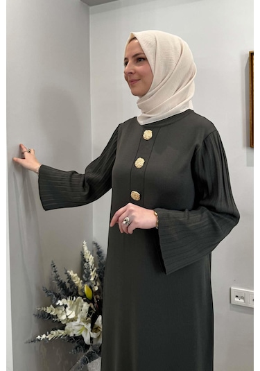 Banu Broşlu Triko Elbise Haki Normal